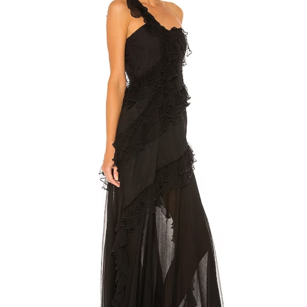 AMUR Black Harlow Silk One-Shoulder Ruffle Sheer  Long Maxi Dress Gown Black 6